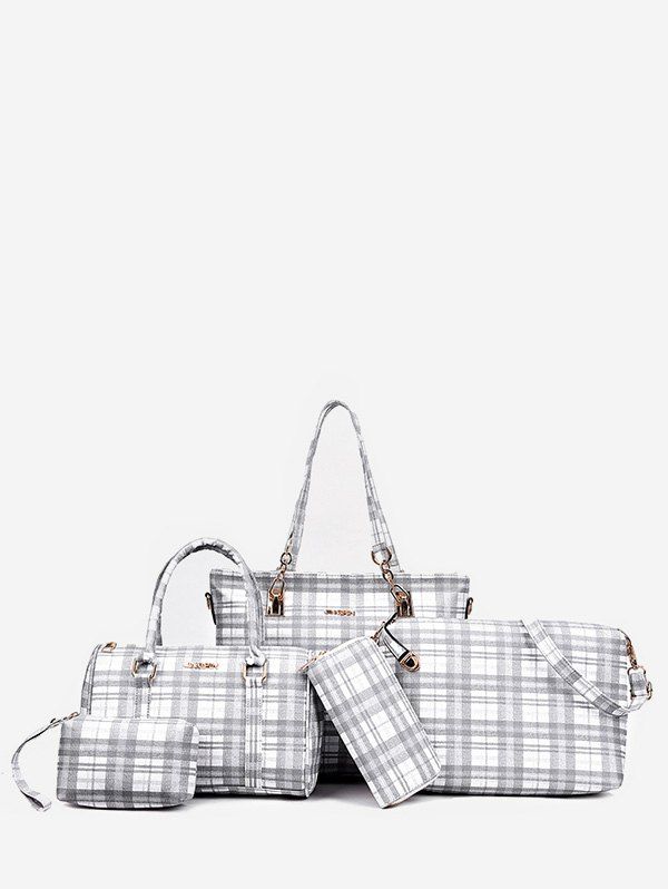 

Five Piece Plaid Print Handbag Set, Platinum