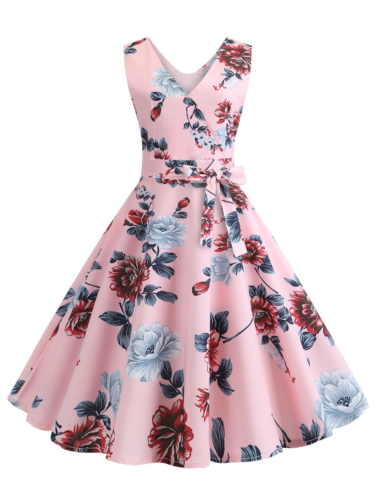 

Floral Print Sleeveless Belted Flare Dress, Pink