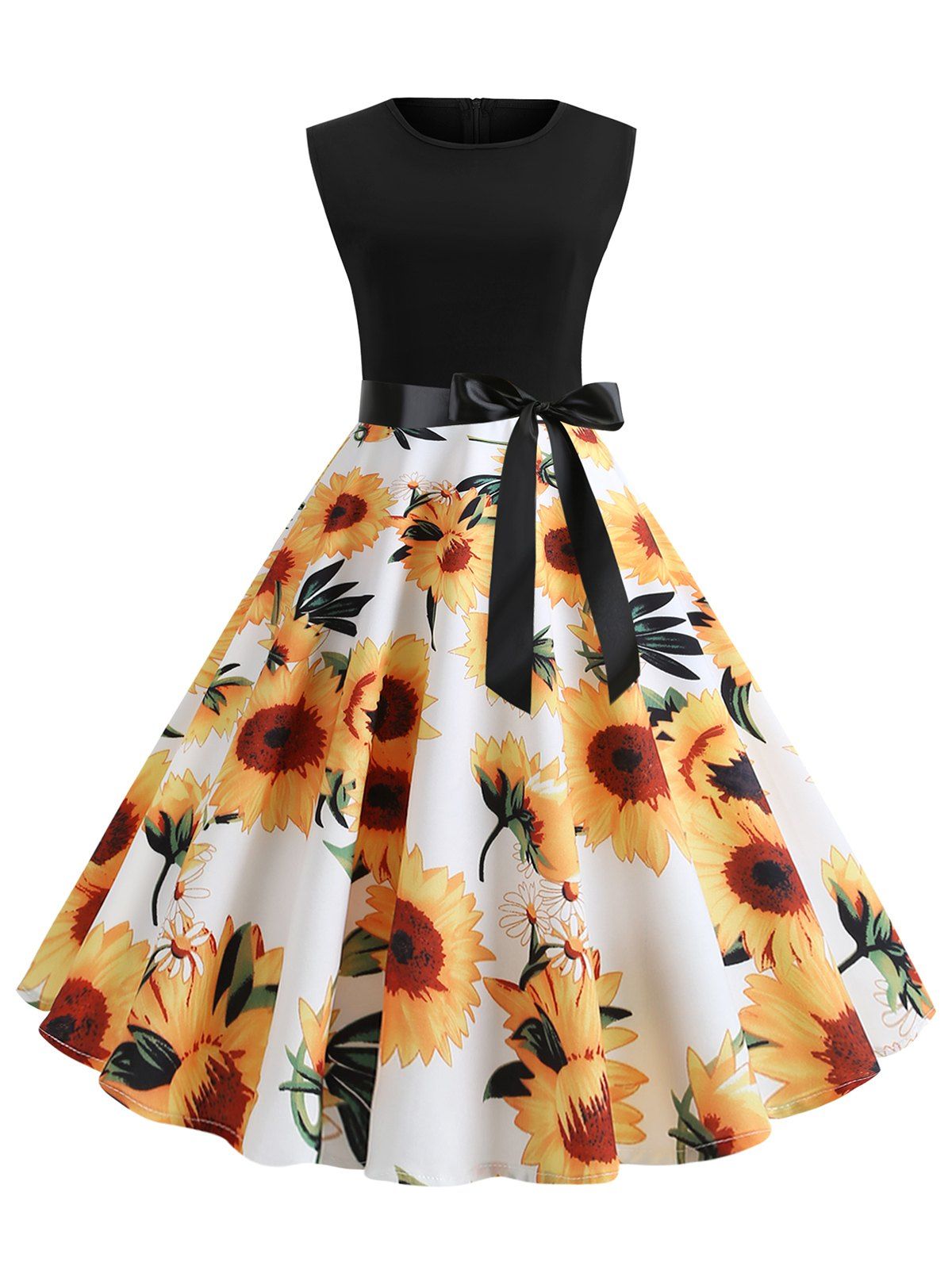 

Vintage Sunflower Print Belted Flare Dress, White