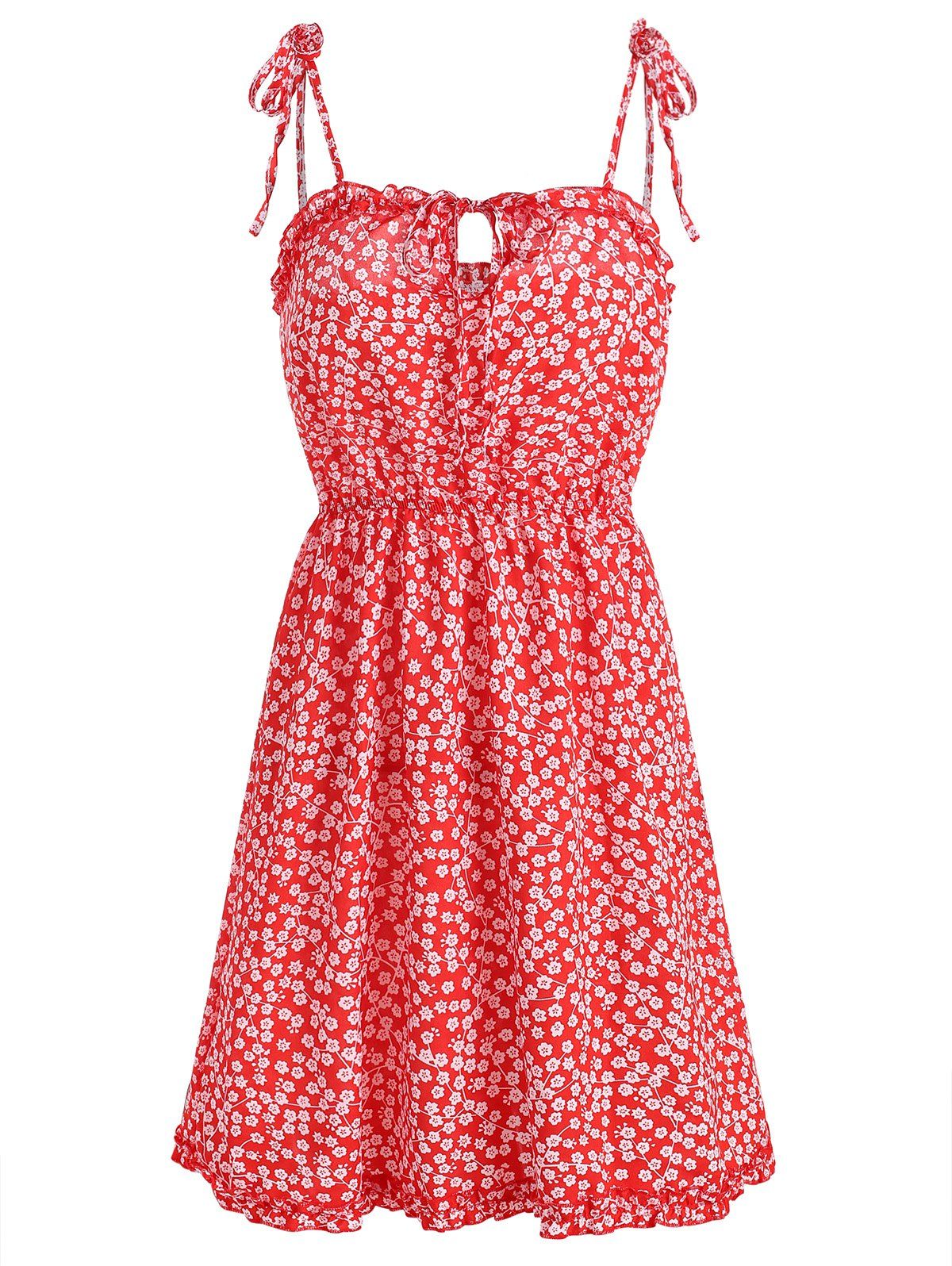 

Flower Ruffle Keyhole Tie Shoulder Dress, Red