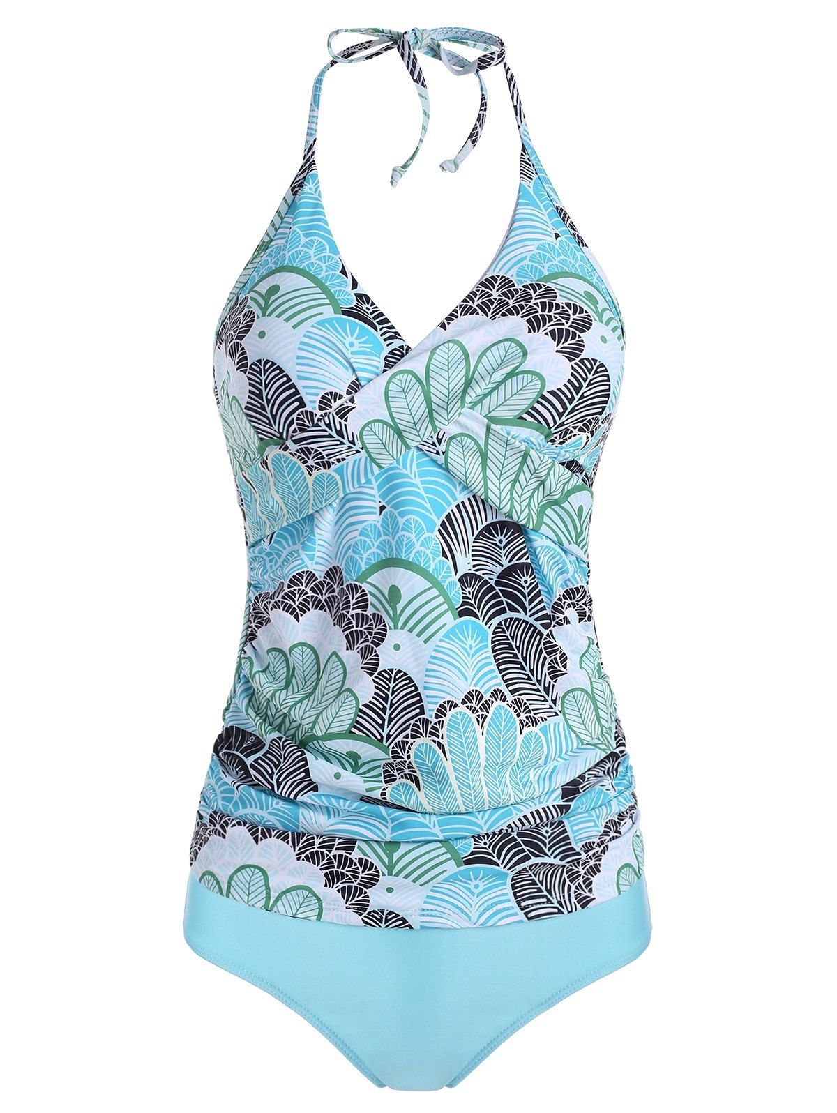 

Leaves Print Padded Twisted Tankini Set, Turquoise