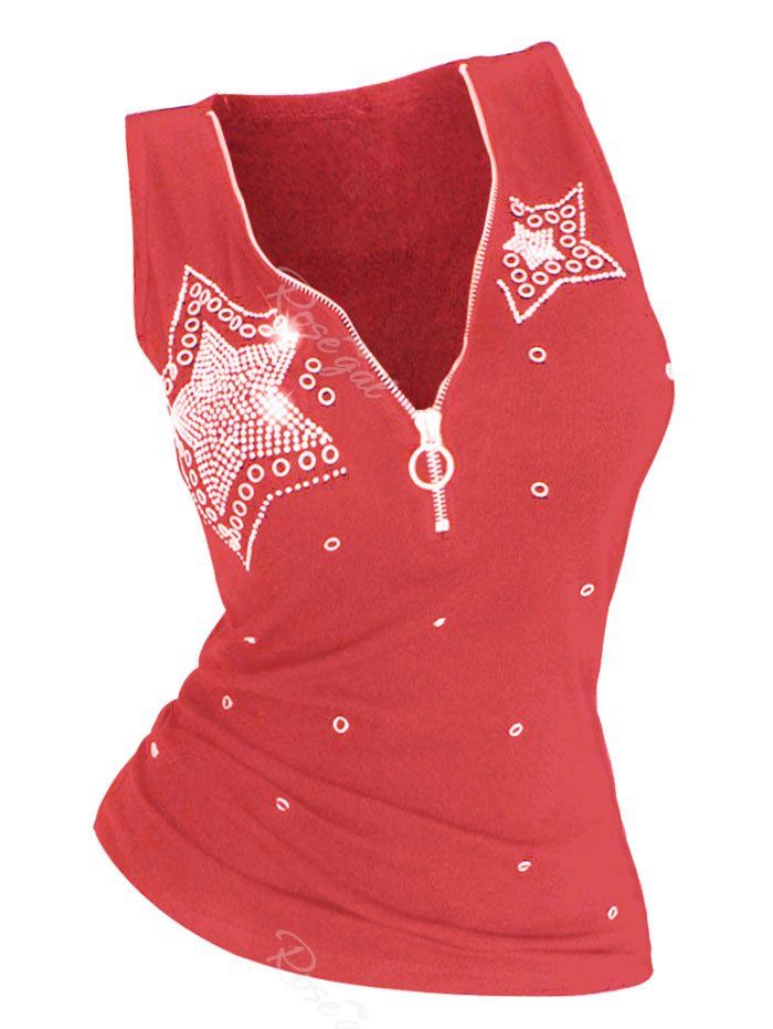

Star Rhinestone Embellished Plus Size Half Zip Tank Top, Red