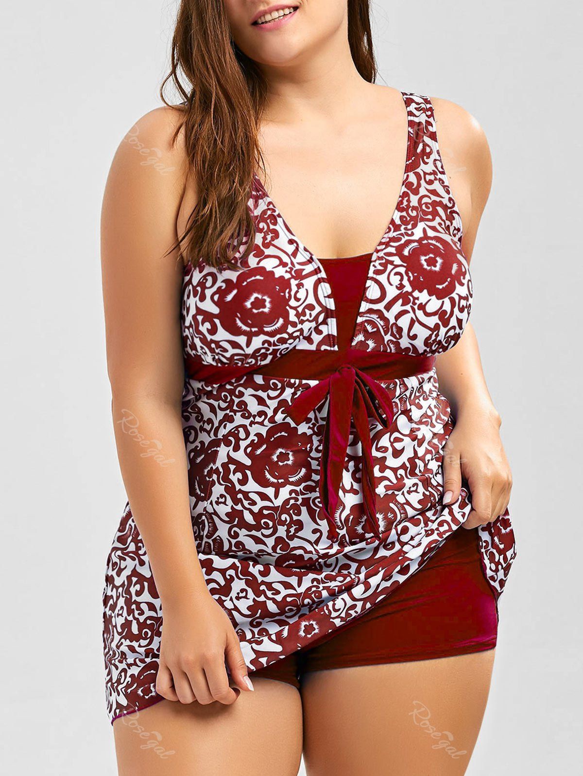 

Paisley and Floral Skirted Plus Size Swimsuit, Red wine