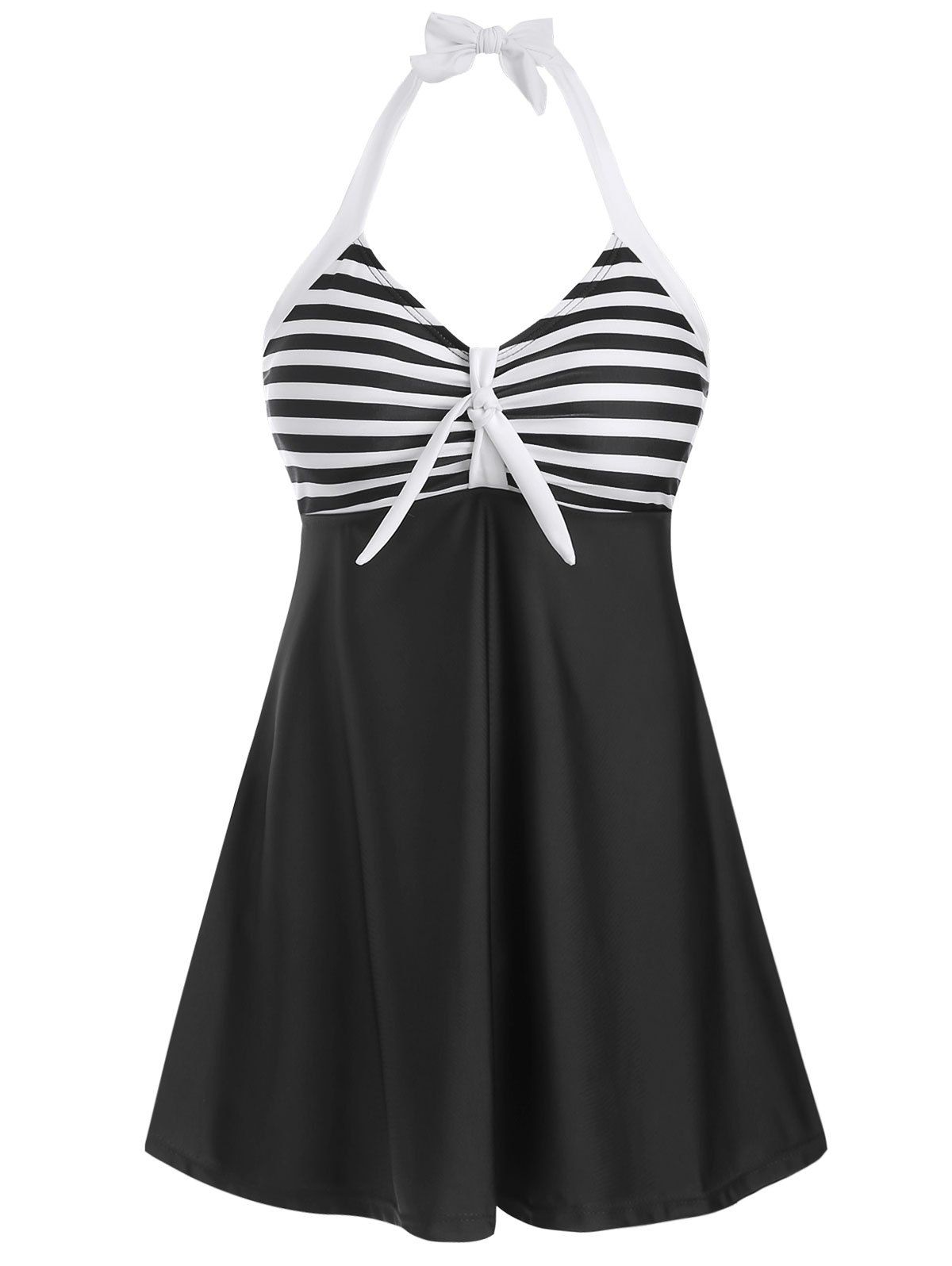 

Knot Striped Halter Tankini Set, Black