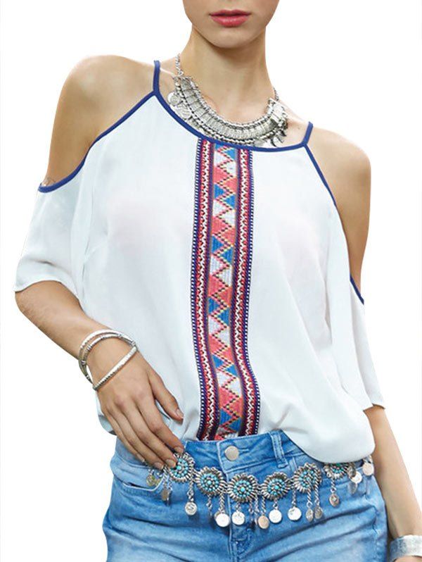 

Open Shoulder Printed Casual Blouse, White