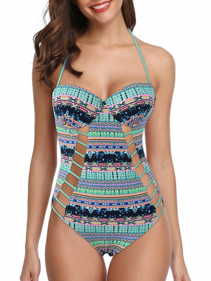 

Ladder Cut Out Printed Halter Swimsuit, Multi