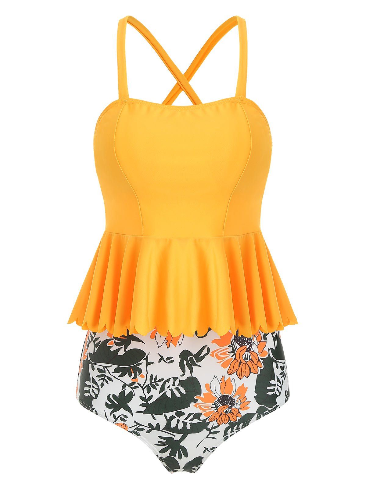 

Scalloped Trim Floral Tankini Set, Yellow