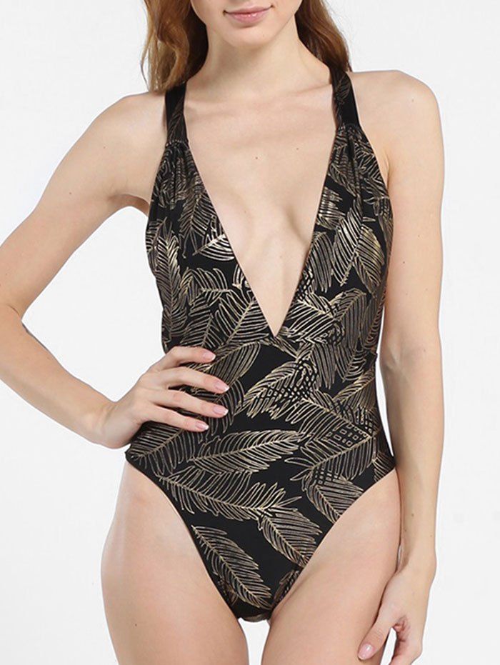 

Metallic Leaf Print Crisscross One-piece Swimsuit, Black