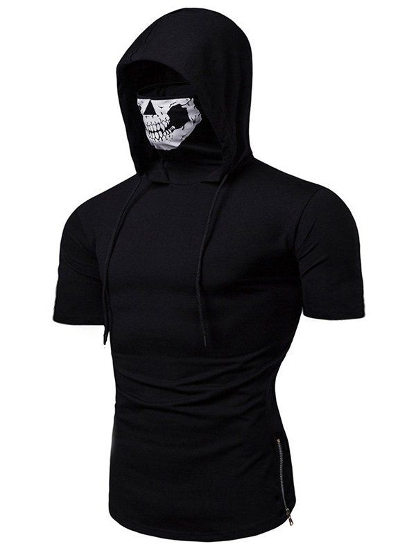 

Skull Mask Hooded Short Sleeve T Shirt, Black