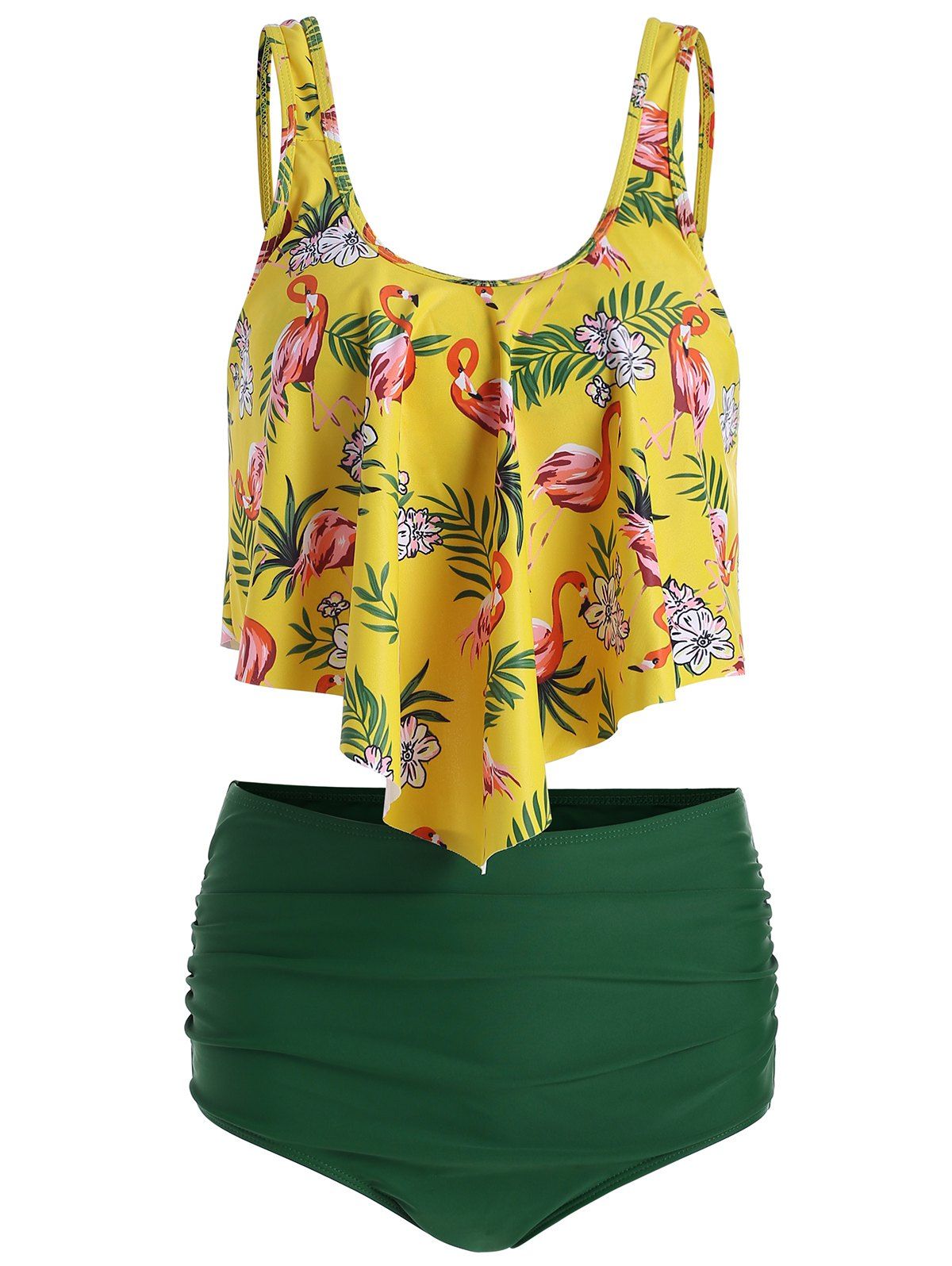 

Flamingo Print High Waist Tankini Set, Yellow