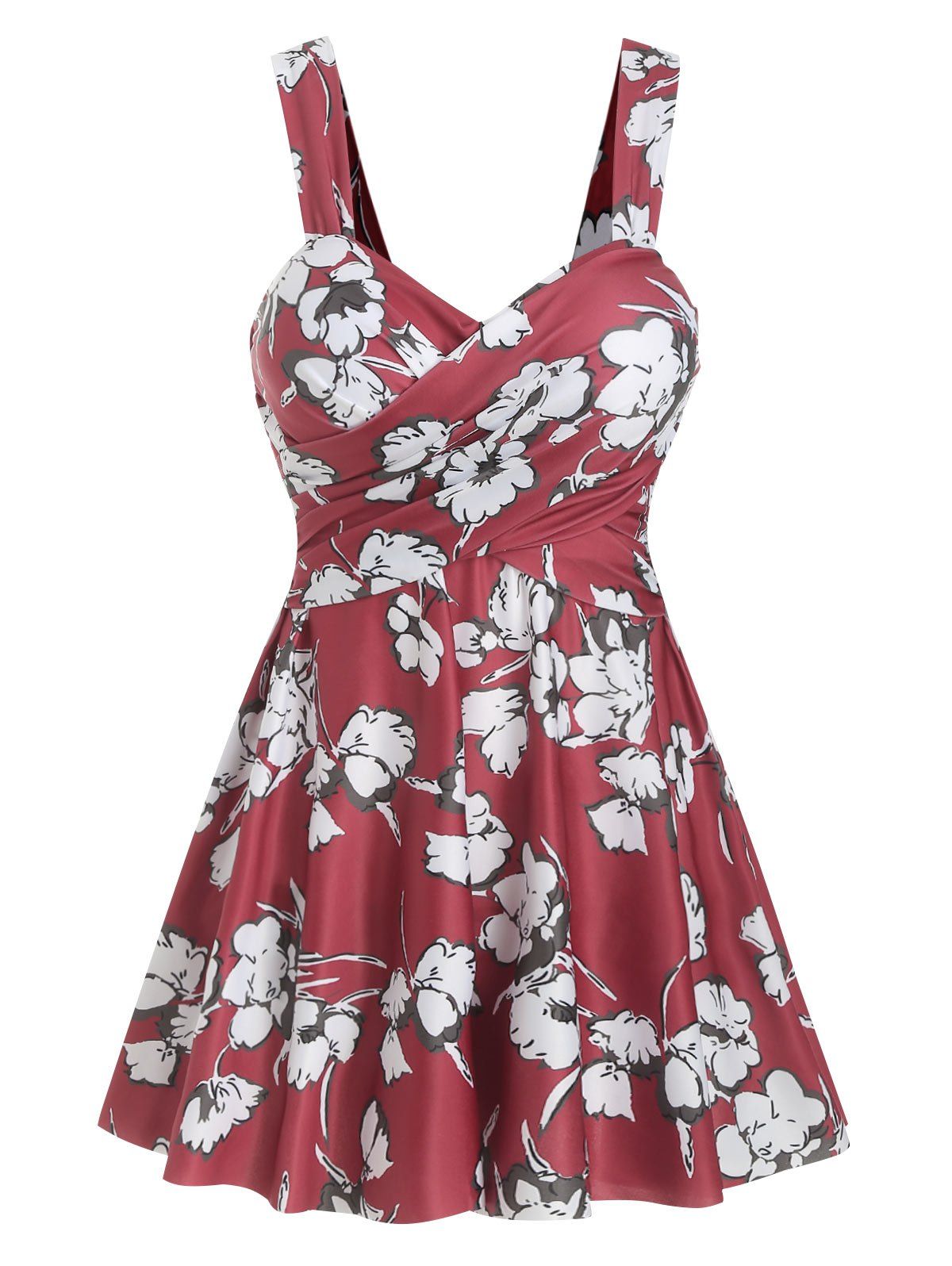 

Floral Cross-over Underwire Tankini Set, Red