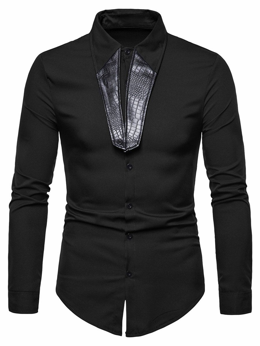 

Faux Leather Design Button Up Shirt, Black