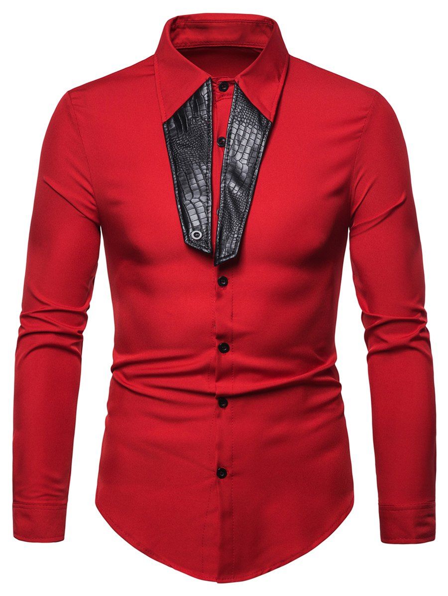 

Faux Leather Design Button Up Shirt, Red