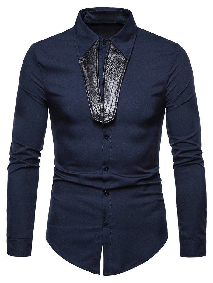 

Faux Leather Design Button Up Shirt, Cadetblue