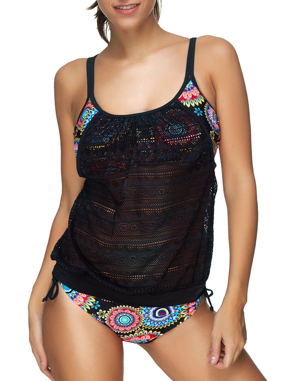 

Floral Crochet Layered Style Tankini Set, Black