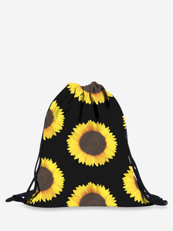 

Sunflower Pattern Print String Cloth Backpack, Black