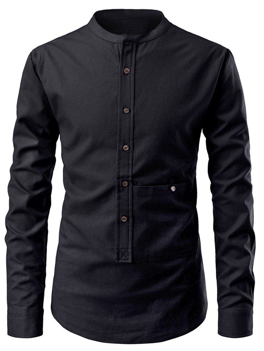 

Solid Color Button Up Pollover Shirt, Black