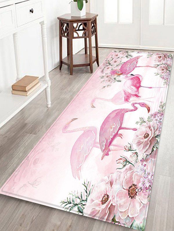 

Flamingo and Flowers Pattern Water Absorption Area Rug, Pig pink