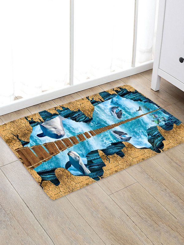 

3D Dolphins Bridge Decoration Floor Mat, Blue koi