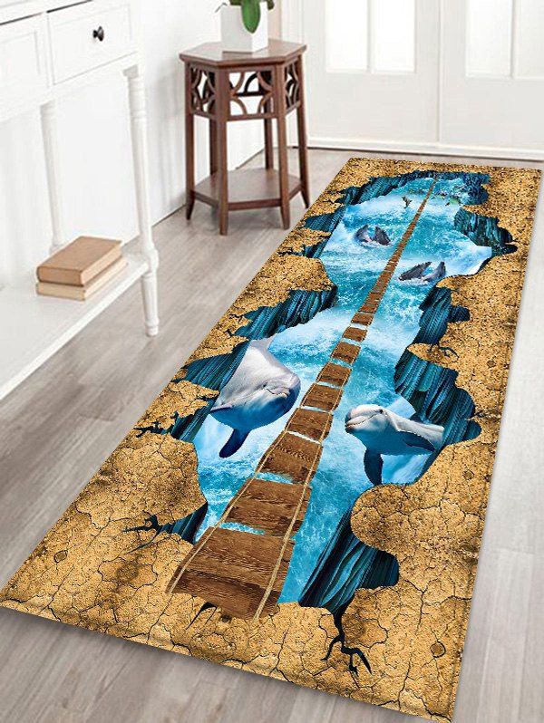 

3D Dolphins Bridge Decoration Floor Mat, Blue koi