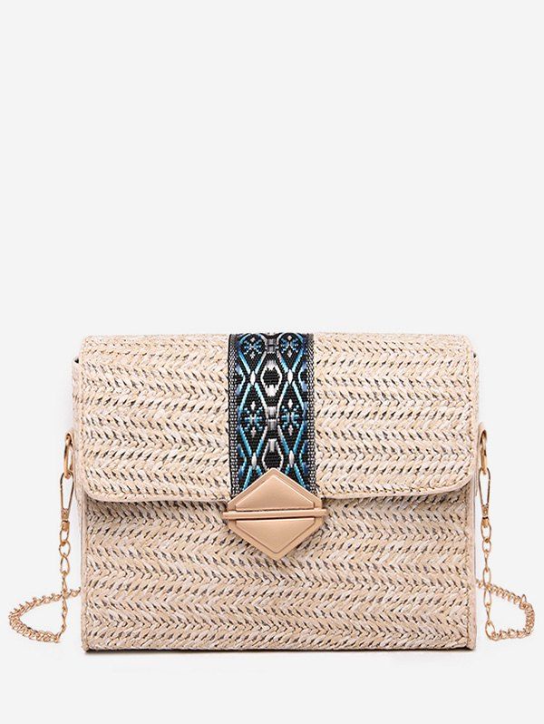 Ethnic Square Straw Shoulder Bag, Warm white