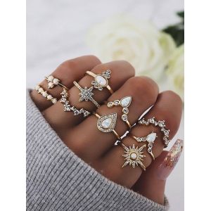 

10Pcs Geometric Rhinestone Ring Set, Gold