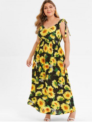 

Plus Size Sunflower Print Tie Shoulder Dress, Black