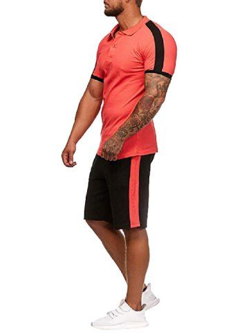 

Contrast Shirt Collar Tee and Shorts, Watermelon pink