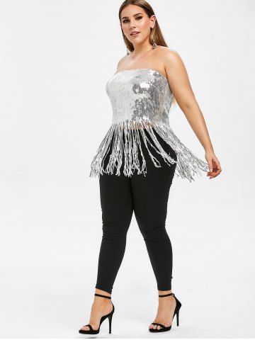 

Plus Size Sequined Bandeau Fringed Top, Silver