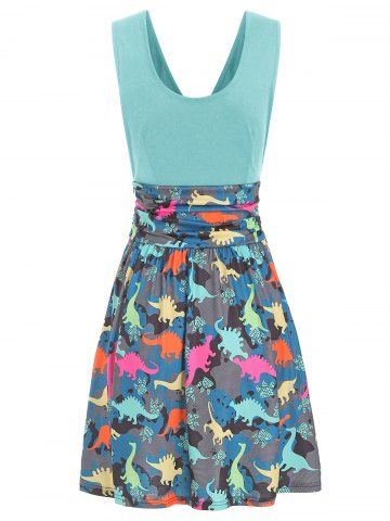 

V Neck Ruched Dinosaur Print Sleeveless Dress, Light sky blue