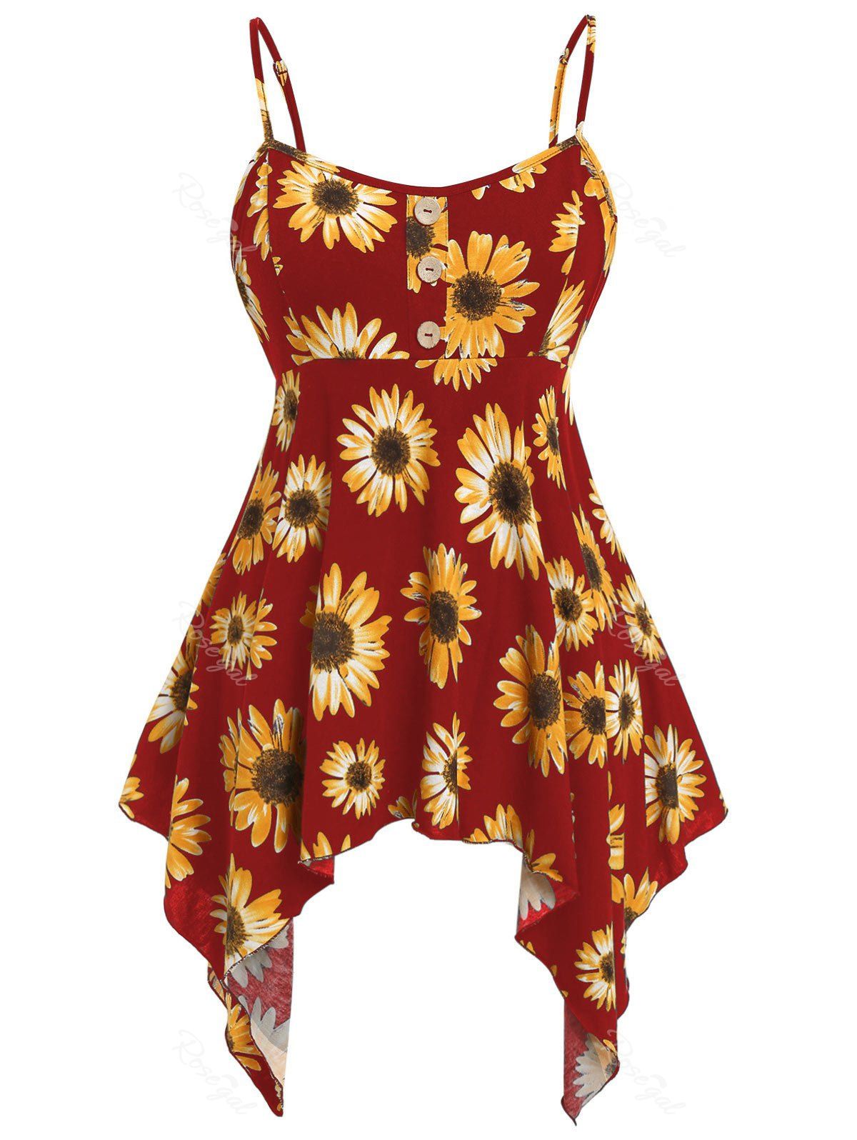 

Plus Size Asymmetric Sunflower Print Tank Top, Red wine