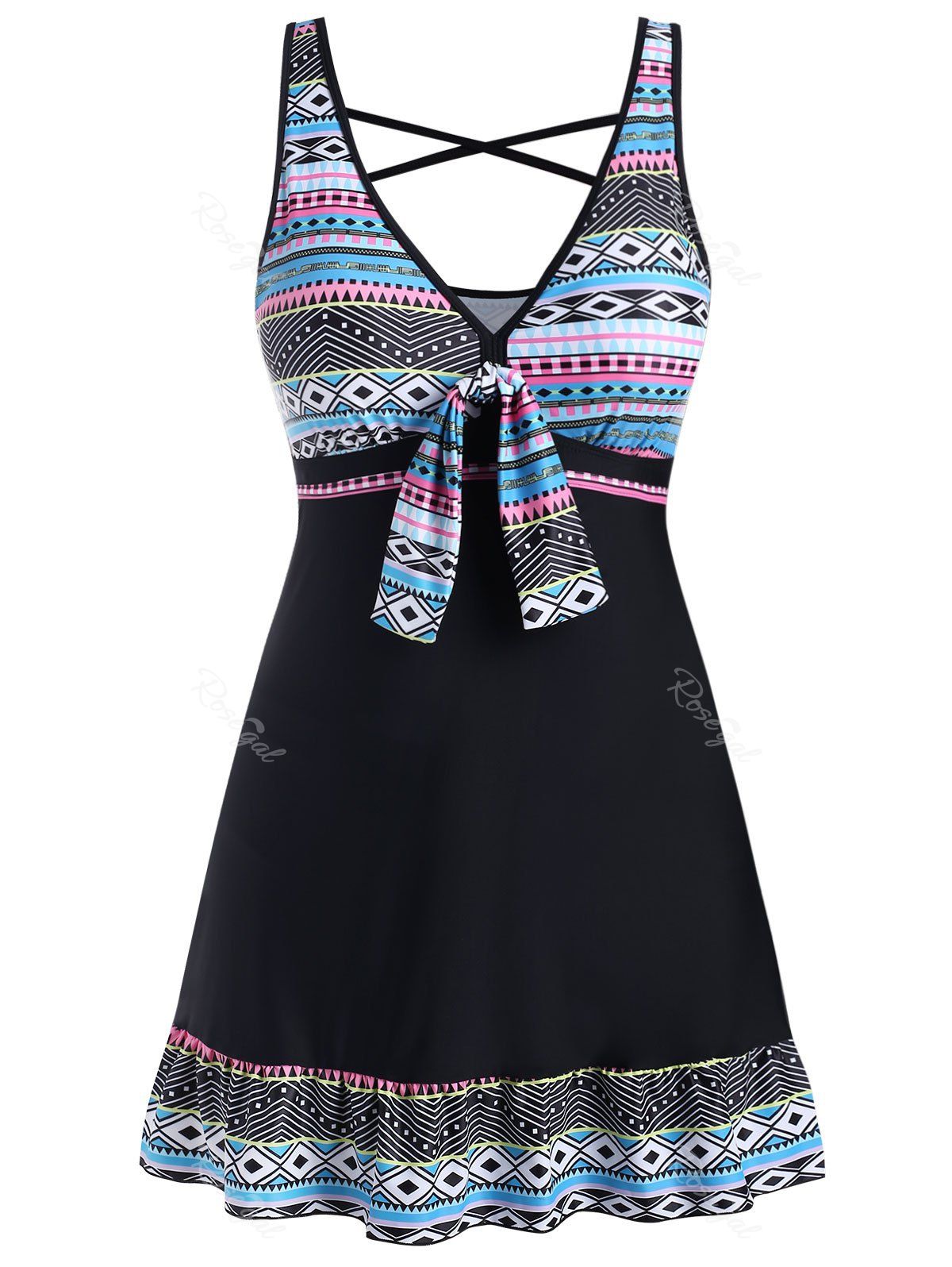 

Plus Size Geometry Knotted Tankini Set, Black