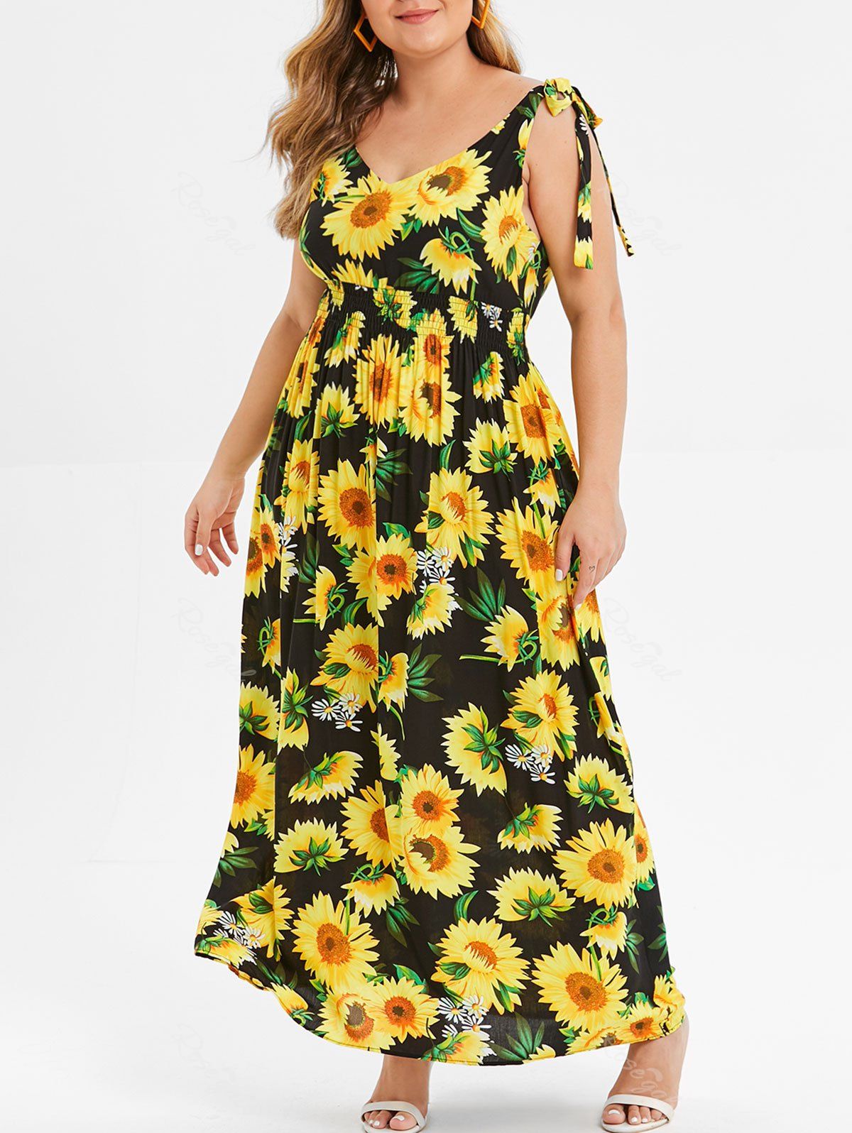 28 Off Plus Size Sunflower Print Tie Shoulder Dress Rosegal
