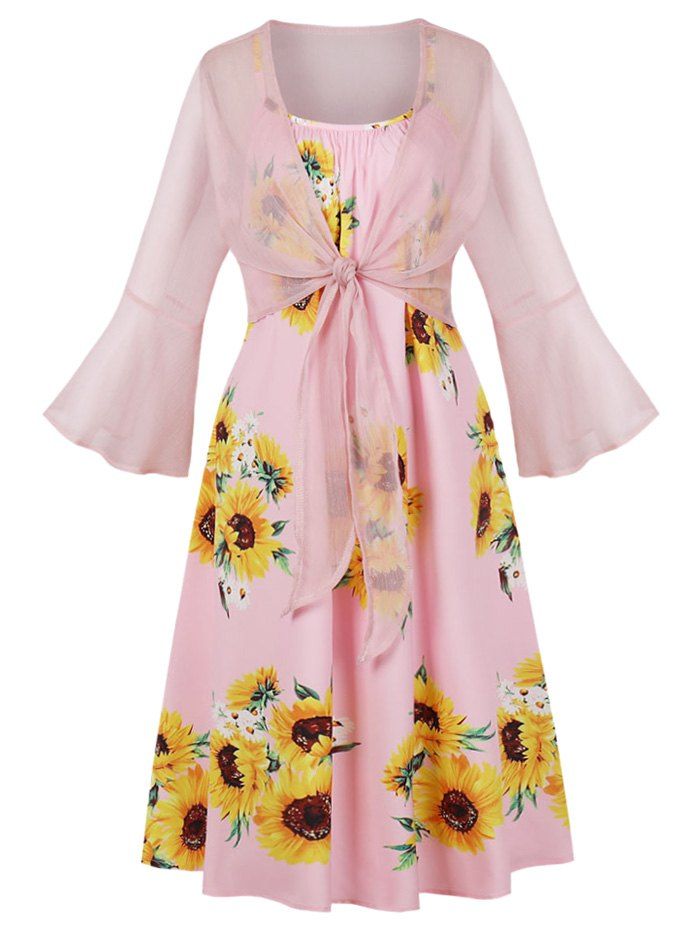 Tie Front Top and Sunflower Print Cami Dress, Pink
