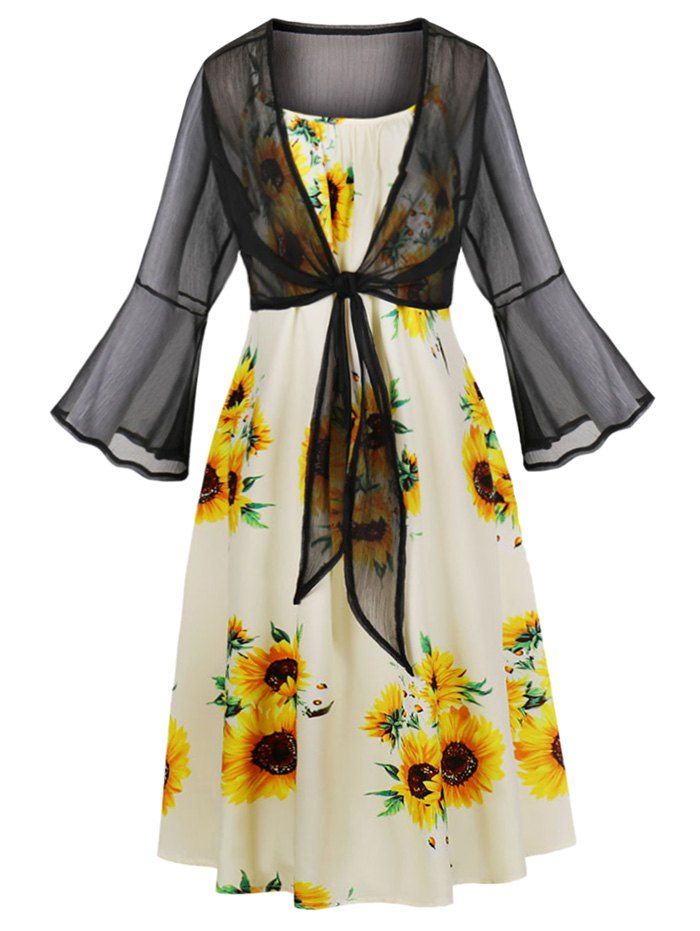 

Tie Front Top and Sunflower Print Cami Dress, White