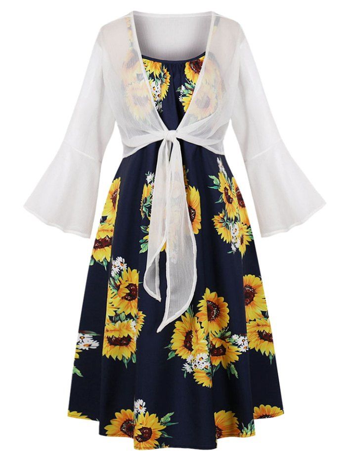

Tie Front Top and Sunflower Print Cami Dress, Midnight blue