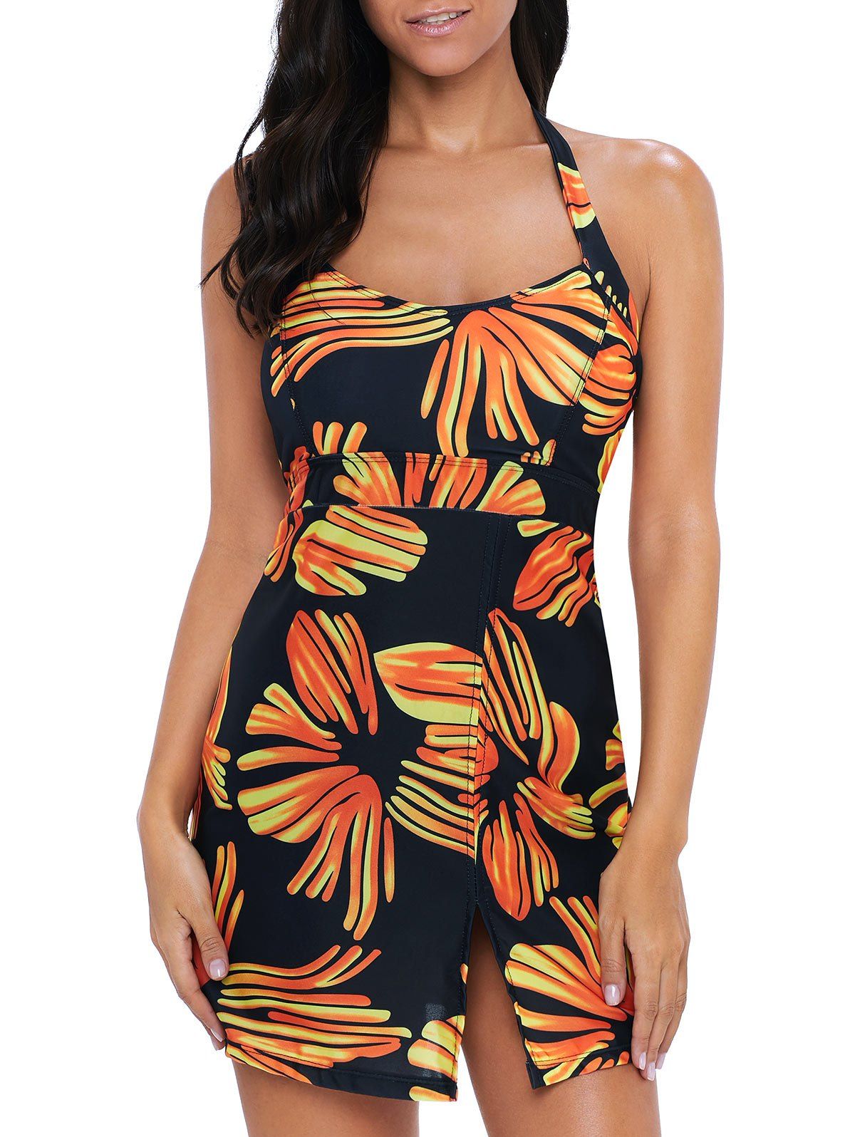 

Floral Lace Up Slit Backless Tankini Set, Black