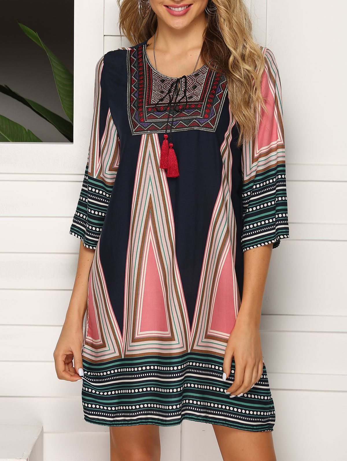 

Embroidered Keyhole Straight Dress, Multi-a