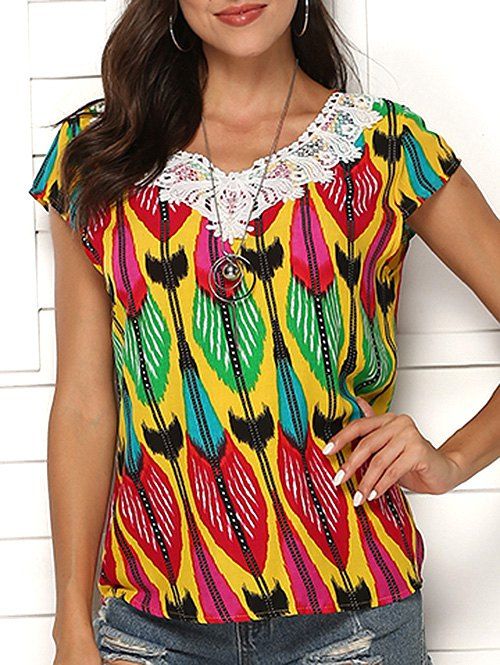 

Crochet Cap Sleeve Faux Pearl Embellished Blouse, Multi-b