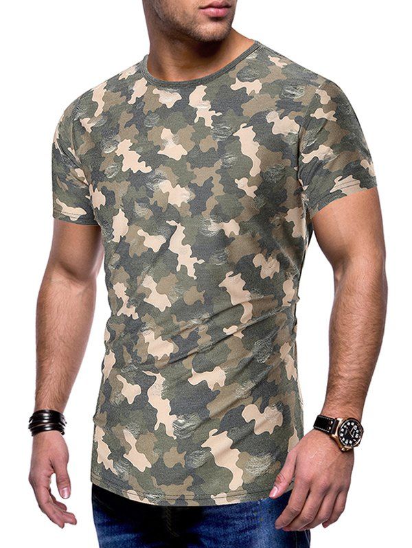 

Camouflage Print Destroy Wash Slim Fit Tee, Army green