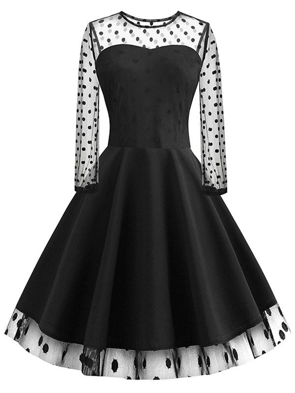 

Vintage Polka Dot Mesh Panel Dress, Black