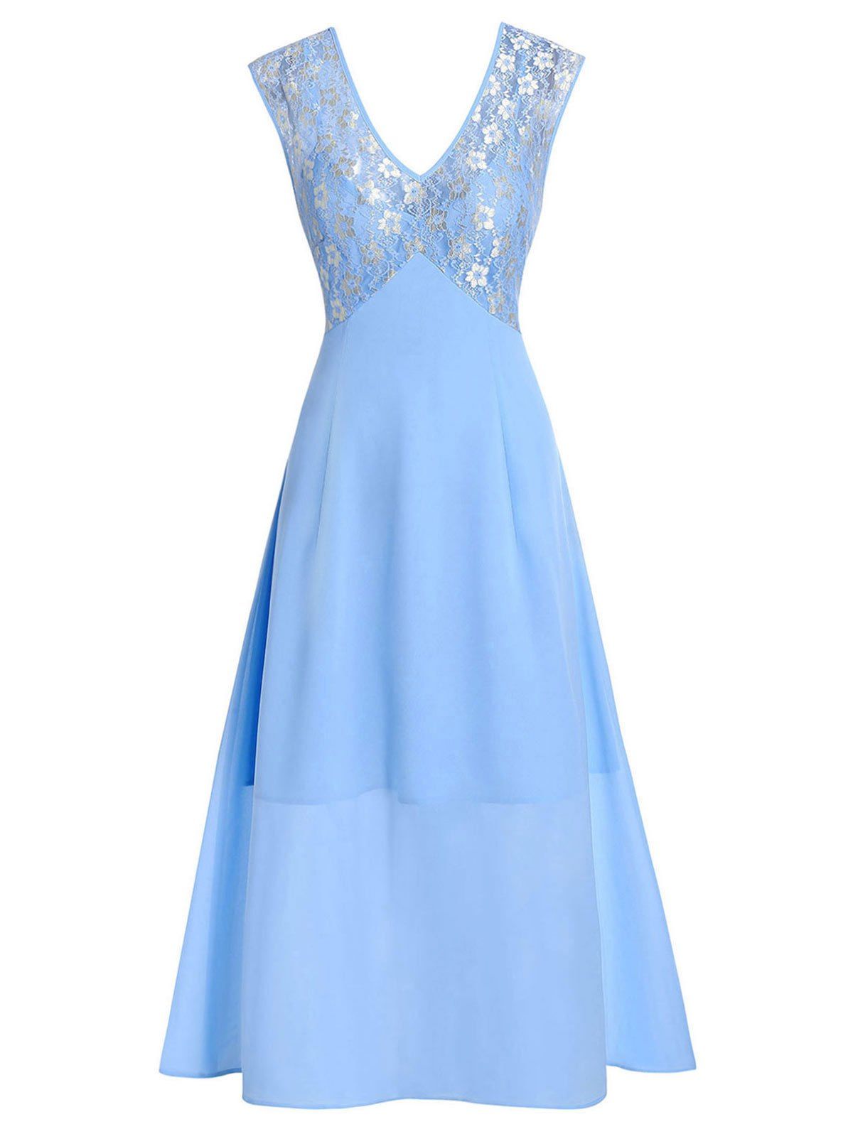 

Lace Panel Zippered Chiffon Dress, Sea blue