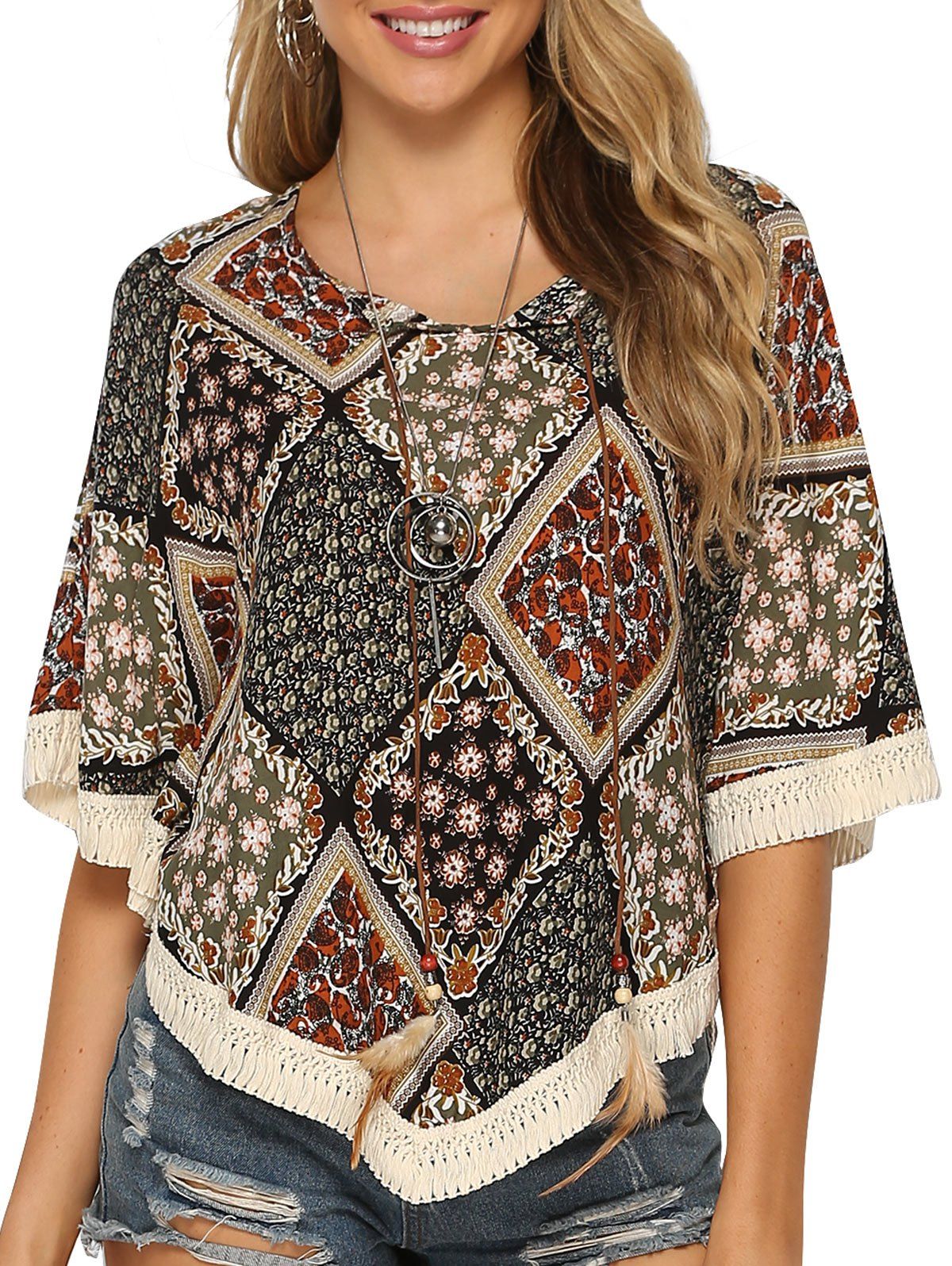 

Crochet Batwing Sleeve Asymmetrical Blouse, Multi-a