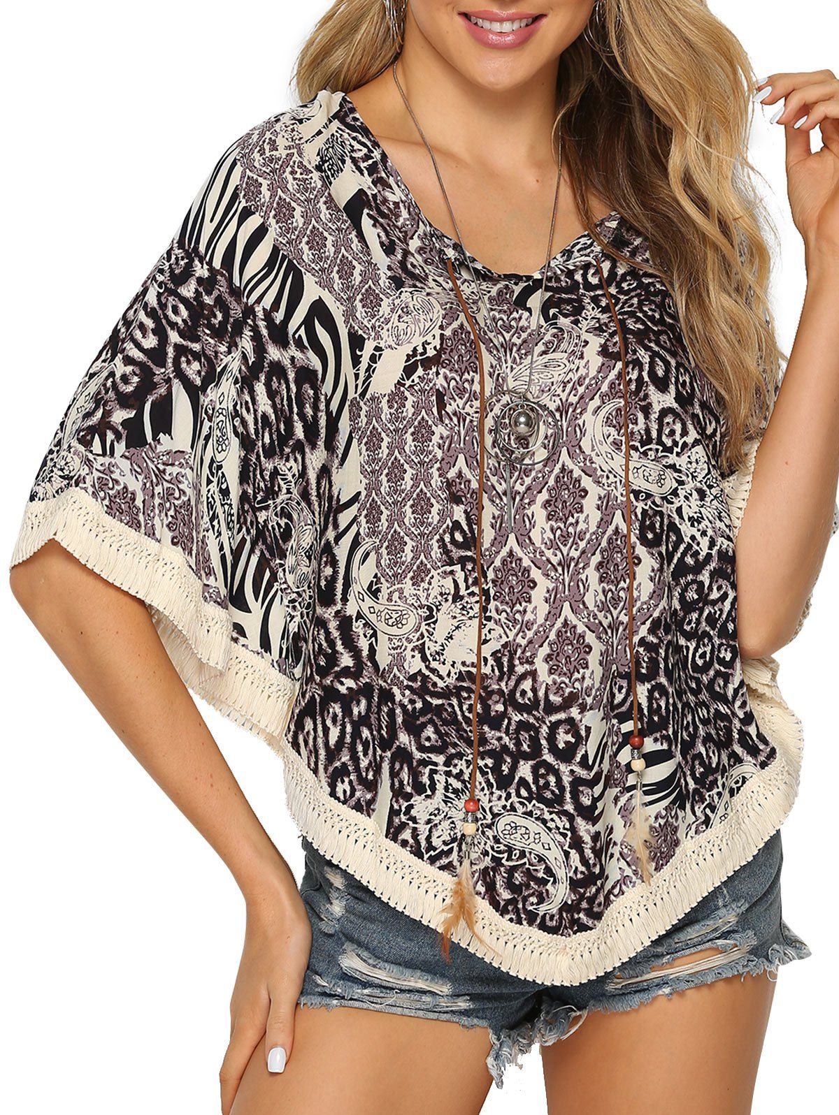 

Crochet Batwing Sleeve Asymmetrical Blouse, Multi-b