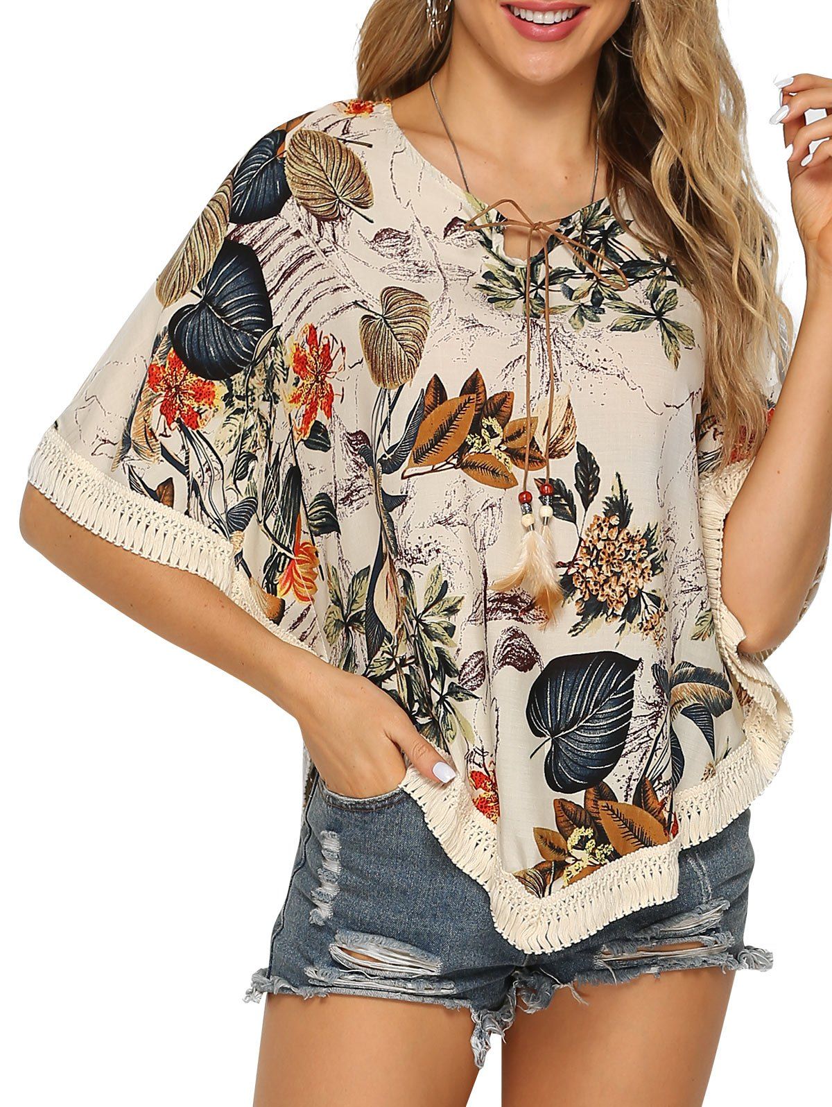 

Crochet Batwing Sleeve Asymmetrical Blouse, Multi-c