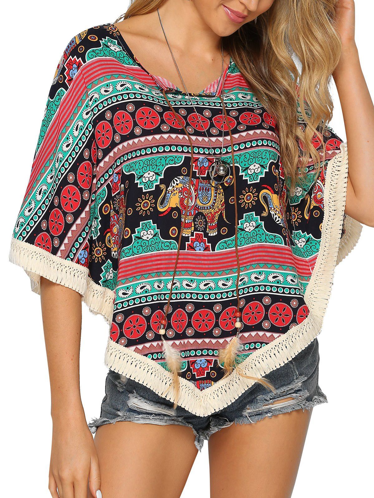 

Crochet Batwing Sleeve Asymmetrical Blouse, Multi-e