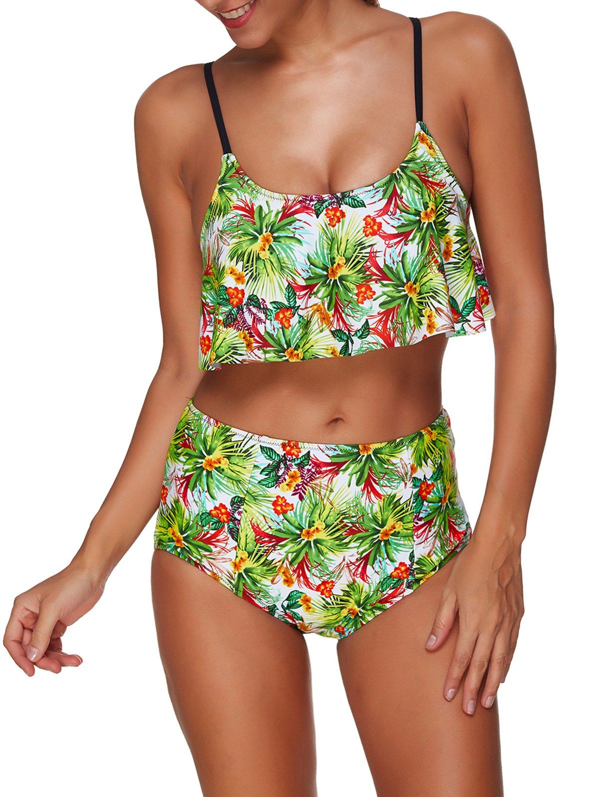 

Floral Print Wire Free Overlay Bikini Set, Multi-a