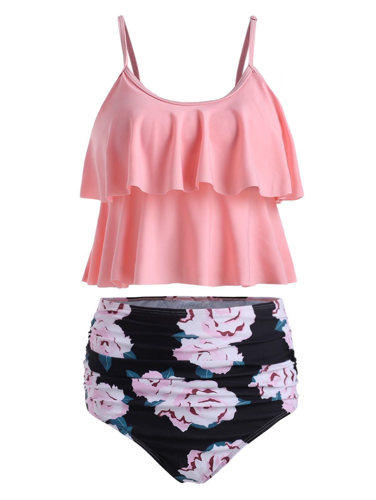 

Floral Print Padded Overlay Tankini Set, Pink