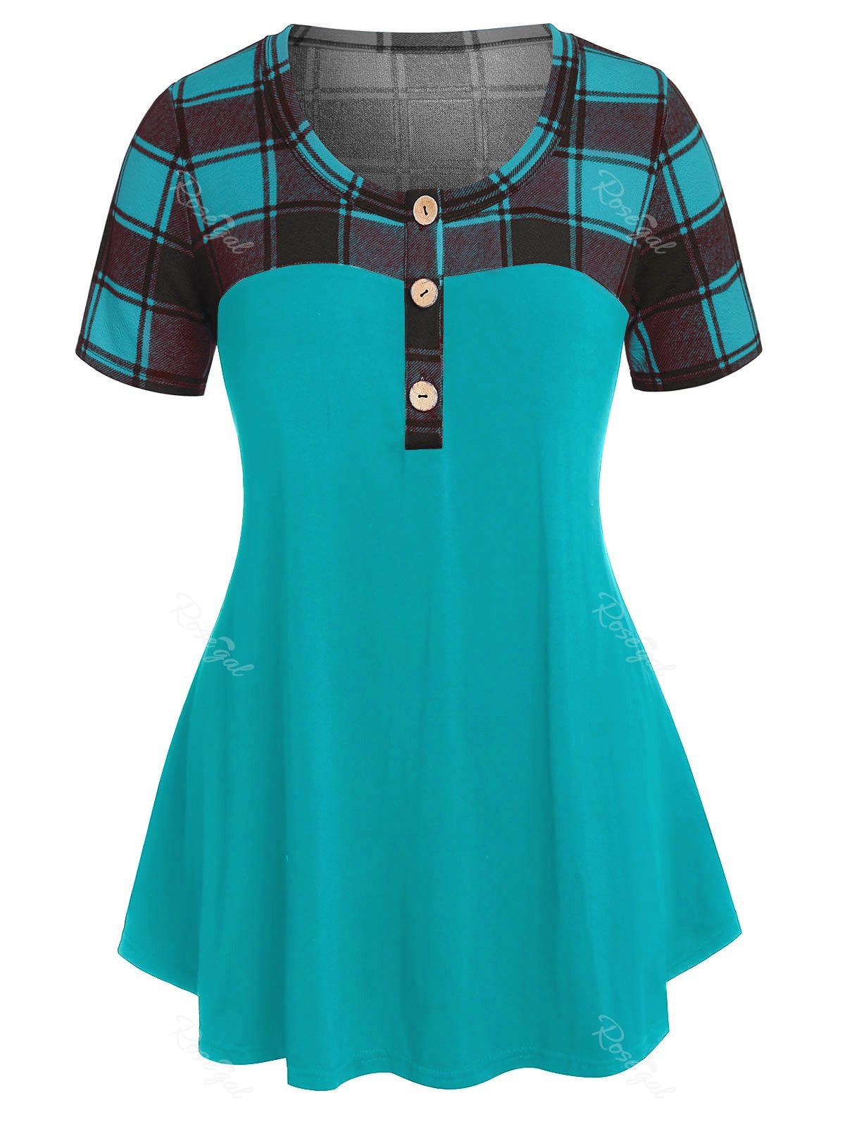 

Plus Size Checked Panel Button T Shirt, Turquoise