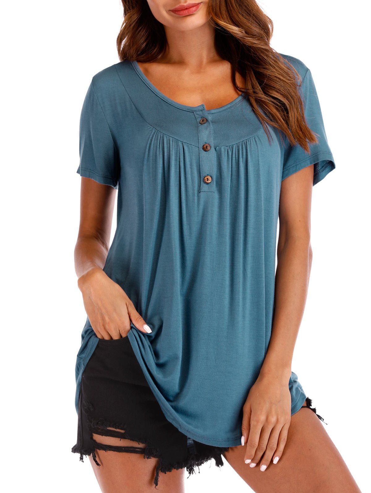 

Short Sleeve Half Button Tee, Silk blue